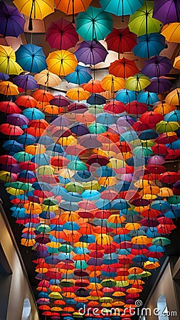 A colorful and quirky image of rainbow umbrellas hanging upside down from the ceiling creating a unique and eye-catching decor Stock Photo