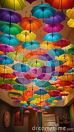 A colorful and quirky image of rainbow umbrellas hanging upside down from the ceiling creating a unique and eye-catching decor Stock Photo
