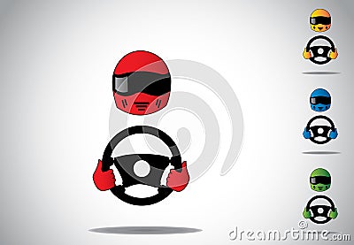 Colorful racing car driver helmet with hands on steering wheel Vector Illustration