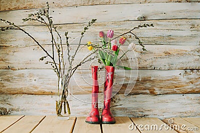 Colorful rain boots with spring flowers and willow branches in w Stock Photo