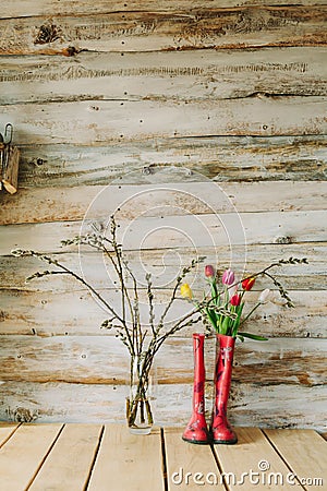 Colorful rain boots with spring flowers and willow branches in w Stock Photo