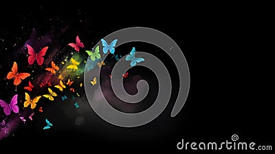 Colorful rainbow butterflies banner with dark background. Butterflies in rainbow colors on black. Colorful butterfly illustration Cartoon Illustration