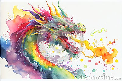 Colorful rainbow Chinese Dragon breathing fire watercolor painting Cartoon Illustration