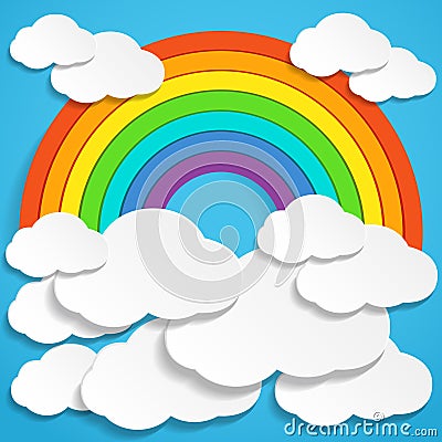 Colorful rainbow and clouds in blue sky illustration Vector Illustration