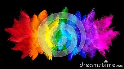 Colorful rainbow holi paint color big double powder explosion isolated dark black wide panorama background. peace rgb beautiful Stock Photo