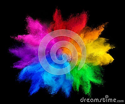 Colorful rainbow holi paint color powder explosion isolated on dark black background. peace rgb gaming beautiful party concept Stock Photo