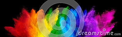 Colorful rainbow holi paint color powder explosion isolated dark black wide panorama background. peace rgb beautiful party concept Stock Photo