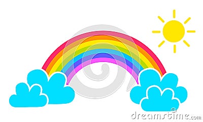 Colorful rainbow icon with cartoon clouds and sun isolated on white background. Vector EPS10 illustration Vector Illustration