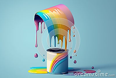 Colorful liquid rainbow splash over paint can on blue background. AI Stock Photo