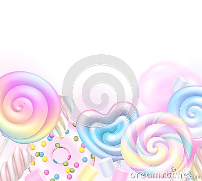 Colorful rainbow lollipops, cotton candy and donut background. Sweets poster design. Vector Illustration