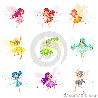 Colorful Rainbow Set Of Cute Girly Fairies With Winds And Long Hair Dancing Surrounded By Sparks And Stars In Pretty Vector Illustration