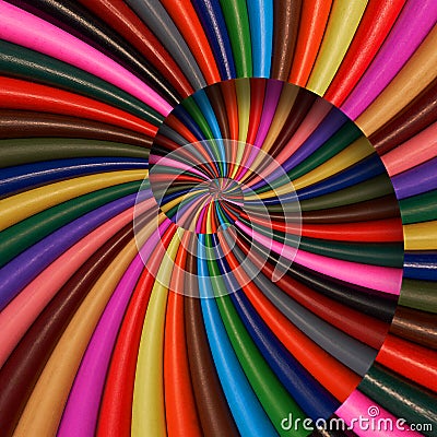 Colorful rainbow sharpen pencils spiral background pattern fractal. Pencils background pattern. School pencils rainbow spiral frac Stock Photo