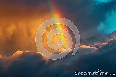 A colorful rainbow stretches across the sky with fluffy white clouds in the background, A rainbow emerging from storm clouds, AI Stock Photo