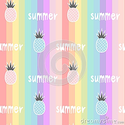 Colorful rainbow striped seamless pattern background illustration with pineapples and hand drawn lettering word summer Vector Illustration