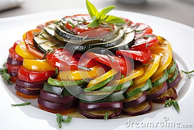 Colorful ratatouille vegetables arranged in a mouth-watering pattern on a white plate, with the focus on the texture Stock Photo