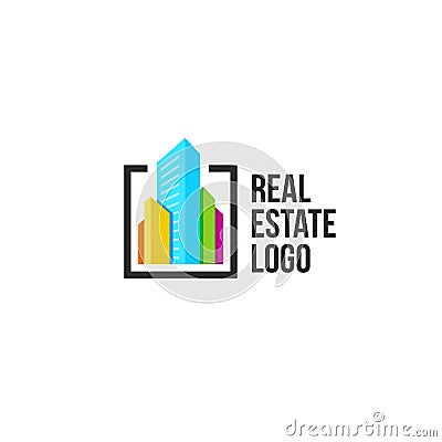 colorful real estate agency logo, house logotype on white, home concept icon, skyscrapers vector illustration. Vector Illustration