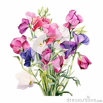 Colorful Realism: Sweet Pea Bouquet Watercolor Illustration For Weddings Cartoon Illustration