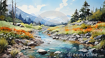 Colorful Realism: A Whistlerian Illustration Of A River In The Mountains Cartoon Illustration