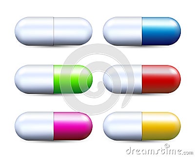 Colorful realistic capsules pill set vector illustration isolated on white Vector Illustration