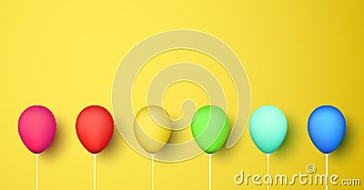 Colorful realistic 3d balloons on yellow background. Vector Illustration