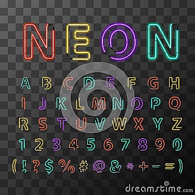 Colorful realistic neon letters, full latin alphabet on transparent background Vector Illustration