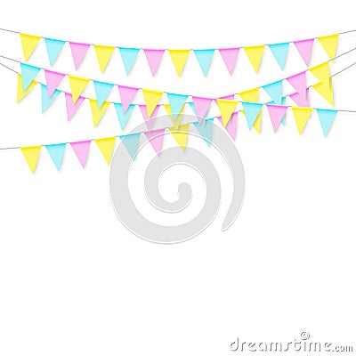 Colorful realistic soft colorful flag garland with shadow. Celebrate banner, party flags. Vector Vector Illustration