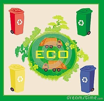 Colorful recycle bins ecology concept with landscape and garbage Vector Illustration