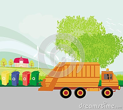 Colorful recycle bins ecology concept with landscape Vector Illustration