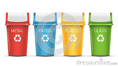 Colorful Recycle Trash Bins Vector. Set Of Realistic Red, Green, Blue, Yellow Container Buckets. On White Vector Illustration