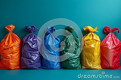 Concept Recycling tips, Colorful recycling bags for sorting and disposing of waste properly Stock Photo