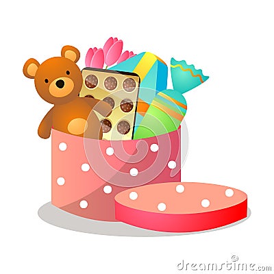 Colorful red dotted gift box with teddy bear Vector Illustration