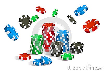 Colorful red, green, blue and black casino chips flying and stack isolated Vector Illustration