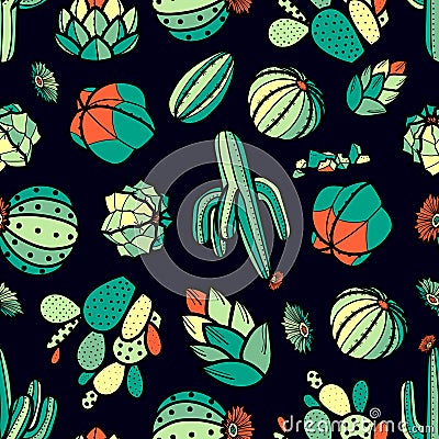 Colorful red and green cactus and succulents in black outline Vector Illustration