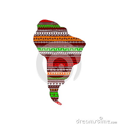 Colorful red and green textured South America continent in doodle geometric ornament, vector Vector Illustration