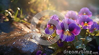 Stunning Sunrise Wallpaper With Purple Pansy Flower In Soft Morning Light Stock Photo