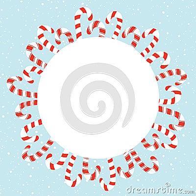 Colorful Red and White Holiday Christmas and New Year Candy Cane and Snowflakes Vector Round Frame Element Vector Illustration