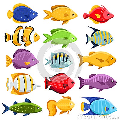 Colorful reef tropical fish set Vector Illustration