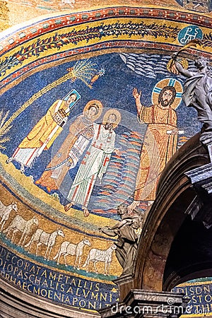 Colorful religious mosaic with illustrations of Jesus talking to people decorating ceiling interior of a cathedral in Rome Cartoon Illustration