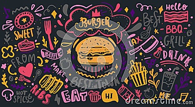 Colorful Restaurant Wall typography. Vector Food BBQ background, motivational cafe menu with lettering on chalkboard Vector Illustration