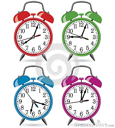 Colorful retro alarm clocks Vector Illustration