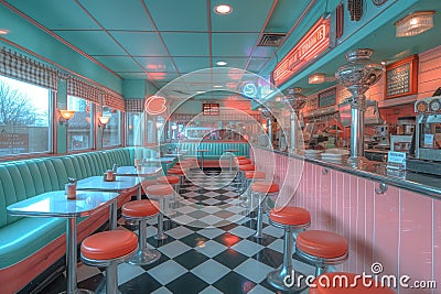 Colorful retro american diner interior design, bar, cafe Stock Photo