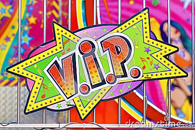 Colorful retro comic style sign saying `V.I.P.` on funfair attraction Editorial Stock Photo
