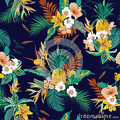 Colorful retro dark tropical forest exotic flowers bird of paradise ,hibiscus,lily , palm leaves seamless vector pattern,design Stock Photo