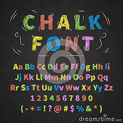 Colorful retro hand drawn alphabet letters drawing with chalk on black chalkboard Vector Illustration