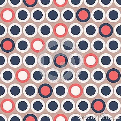 Retro Mod Vector Seamless Polka Dot Pattern in Dark Blue, Red, Cream on Beige Background. Stylish Graphic Abstratc Print Vector Illustration