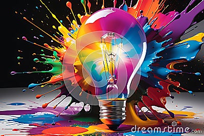 Colorful Revelation: Eureka Moment Captured with a Lightbulb Surrounded by a Vibrant Explosion of Paint Mid-Dispersal Splash Stock Photo