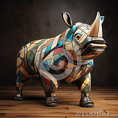 Colorful Rhino Statue: A 3d Abstract Sculpture Inspired By Basquiat, Picasso, And Miro Stock Photo