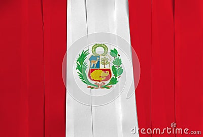 Colorful ribbon as Peru national flag, vertical triband of red white and red with cost of arms Stock Photo