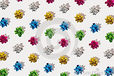 Colorful ribbon bows isolated on white background. Minimal holiday gift concept. Greeting card idea. Copy space Stock Photo
