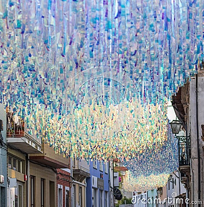 Colorful ribbons in the street in Agueda, Portugal Editorial Stock Photo